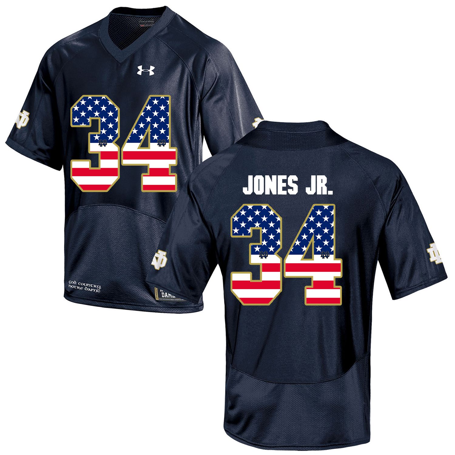 Men Norte Dame Fighting Irish #34 Jones jr Navy Blue Flag Customized NCAA Jerseys